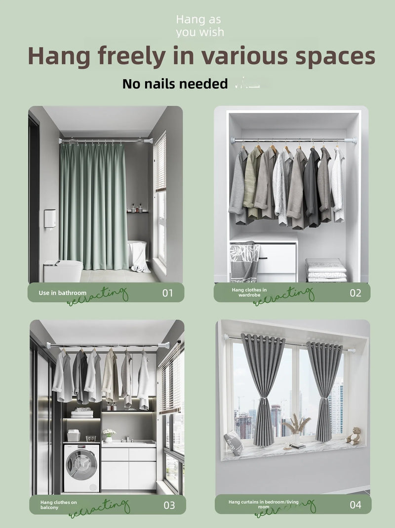 Stainl Steel Adjustable Rod No Drilling Required for Bedroom Closet Curtain Rod Batoom Clothesline Curtain Rod